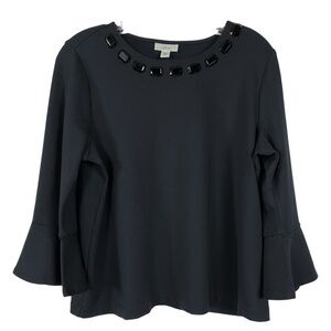 J Jill Ponte Black Embellishment Split Bell Sleeves Black Top. Sz M Petite